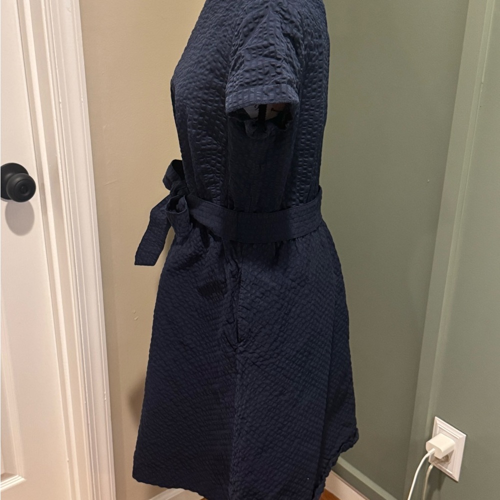 Brooks Brothers Navy Textured Short Sleeve Belted Dress - Picture 7 of 14